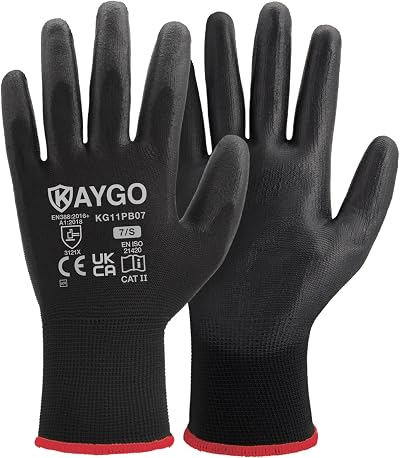 KAYGO PU Coated Work Gloves KG11PB 12 Pairs Black Secure Grip Power