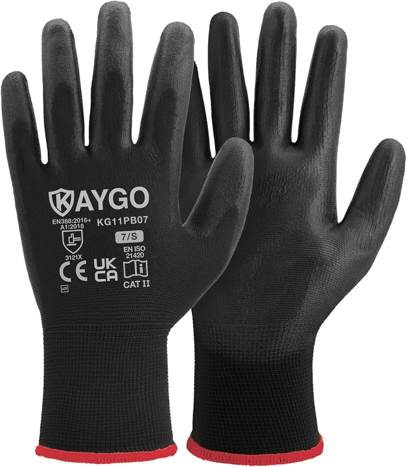 KAYGO PU Coated Work Gloves KG11PB 12 Pairs Black Secure Grip Power