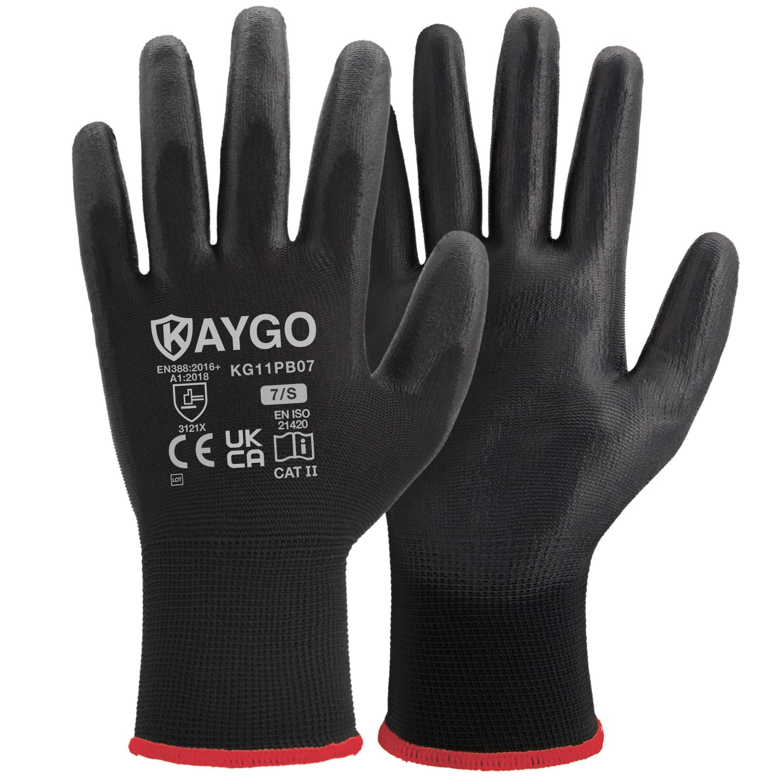 KAYGO Work Gloves PU Coated-12 Pairs, KG11PB, Black Safety Working Gloves with Secure Grip on Palm & Fingers, for Men and Women, Ideal for General Duty Work, Gardening(Small, Black)