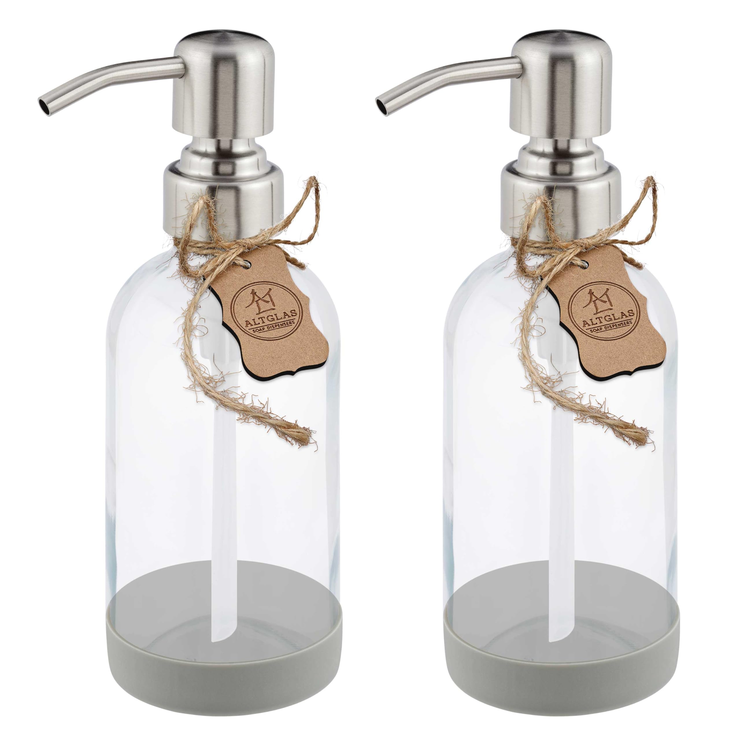 ALTGLAS Refillable Glass Soap Dispenser 'Sarajevo' from Clear Bottle with Silicone Coaster and 304 Stainless Steel Pump in Brushed Silver (250ml, Set of 2)