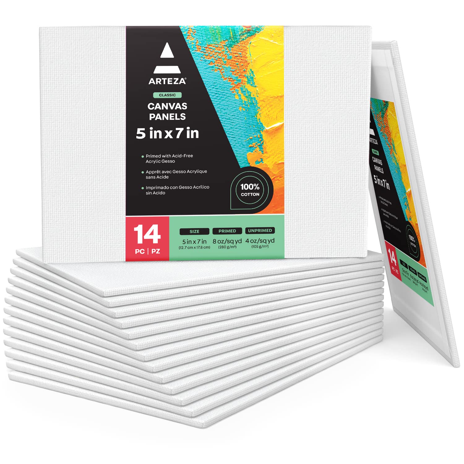 ARTEZA Canvas Board, Pack of 14, 12.7 x 17.8 cm, 8-oz Gesso Primed 100% Cotton Canvas Panels, White Canvases for Acrylic Painting and Pouring