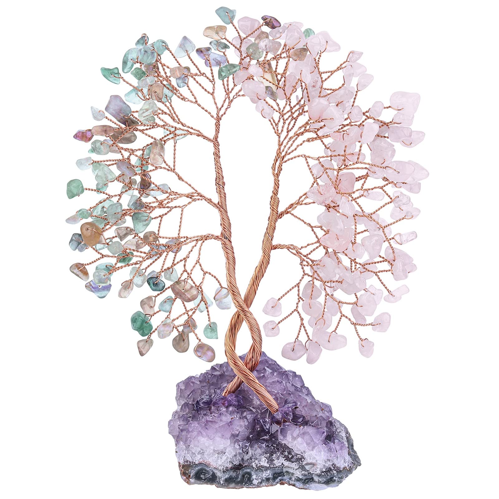 KYEYGWO Fluorite & Rose Quartz Crystal Money Tree with Natural Amethyst Cluster Base, Fengshui Bonsai Tree Decoration Stone Lucky Gemstone Ornament for Home