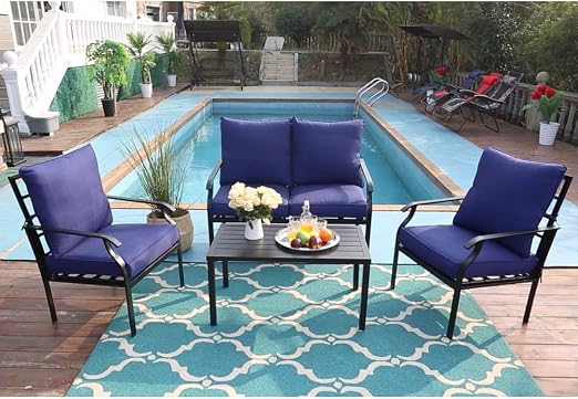 Amazon Com Phi Villa 4 Pc Outdoor Patio Furniture Padded Deep Seating Conversation Set With 1 Loveseat 2 Single Sofa 1 Coffee Table 4 Free Pillow Navy Blue Garden Outdoor