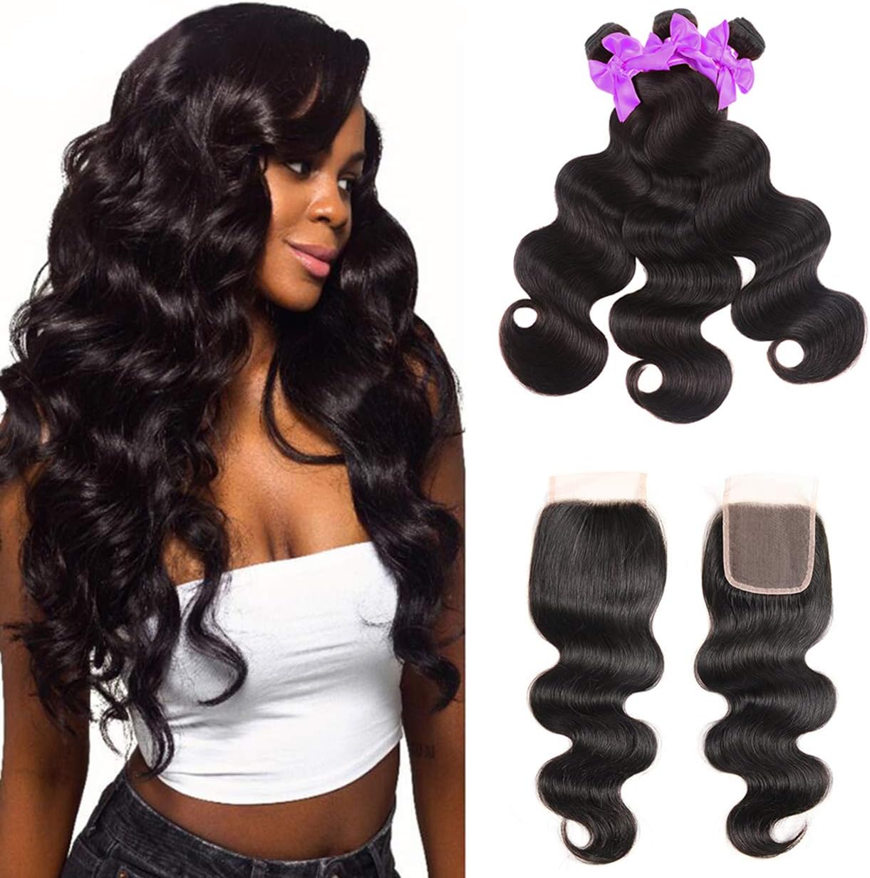 Miss CARA Brazilian Hair Body Wave 3 Bundles with Closure 100% Human Hair Bundles with Lace Closure Body Wave Bundles Virgin Unprocessed Hair Natural Color (12 14 16+10)