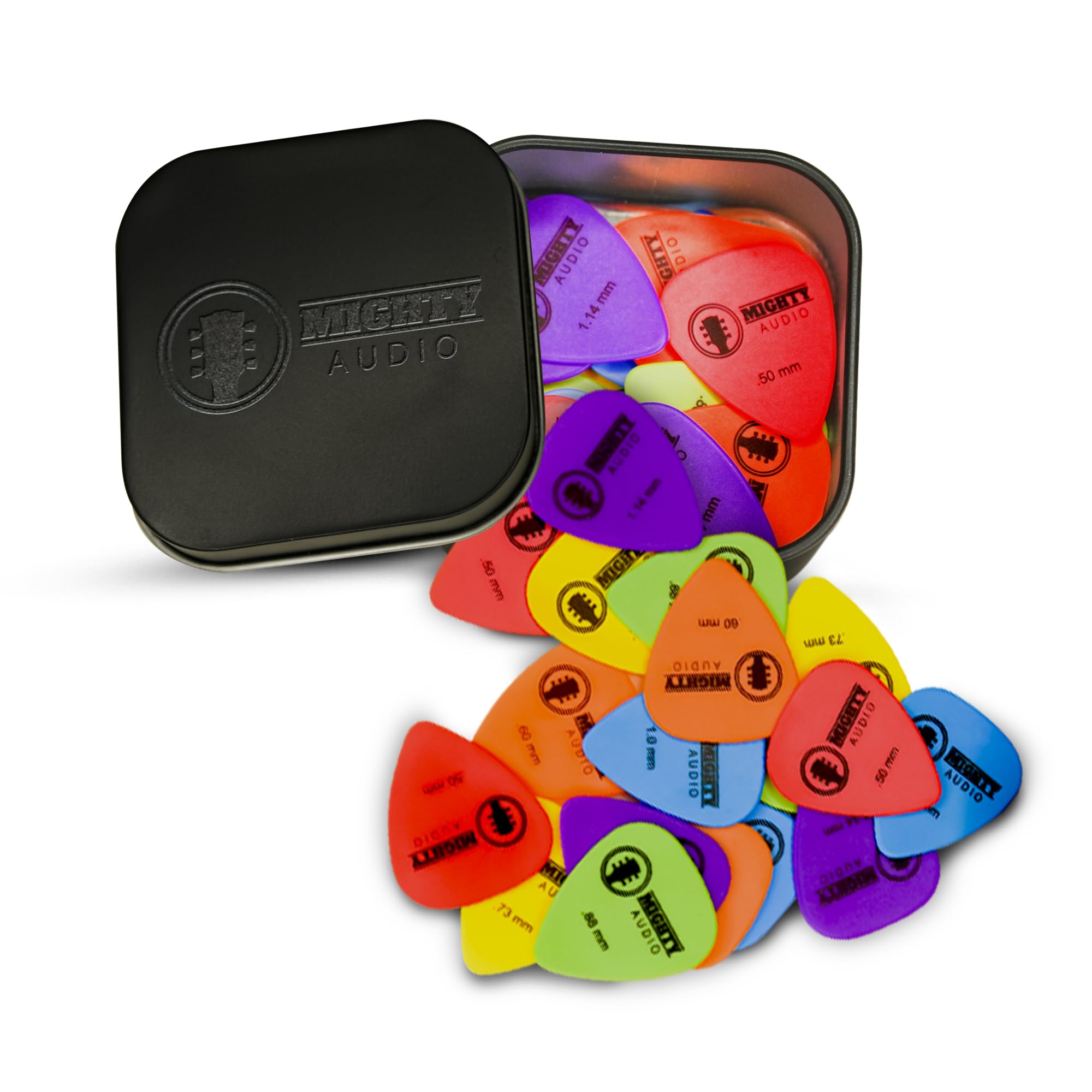 Mighty Audio Guitar Picks Set – 18 Pack Mixed Gauge Plectrums (0.50–1.14mm) with Metal Storage Tin – Celluloid Guitar Pick Assortment for Electric, Acoustic & Bass Guitar – Guitar Accessories Gift Set
