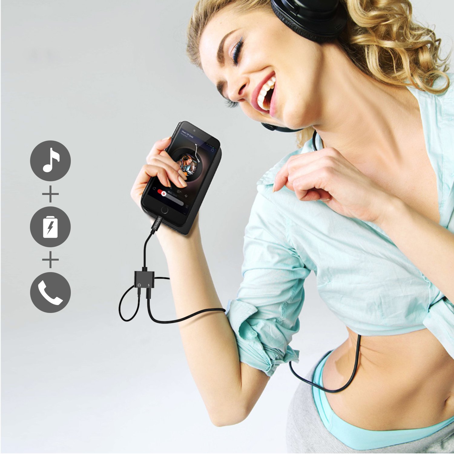 iPhone 8 Adapter Lightning Adapter Headphone Jack for 3.5mm Metal Case Headphone Audio Adapter 2.4A Quick Charge Earphones Splitter COMPATIBLE IOS 11 (No Calling Feature and Transfer Data）ZERKAR