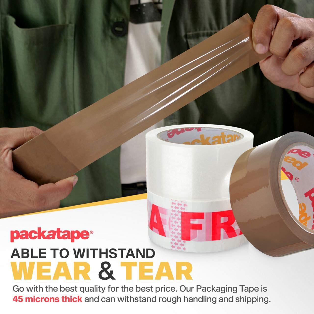 Packatape Packaging Tape General Purpose 3 Roll Pack 1 x Brown, 1 x Clear, 1 x Fragile 48mm x 66m, Multi, Standard 66m - Image 3