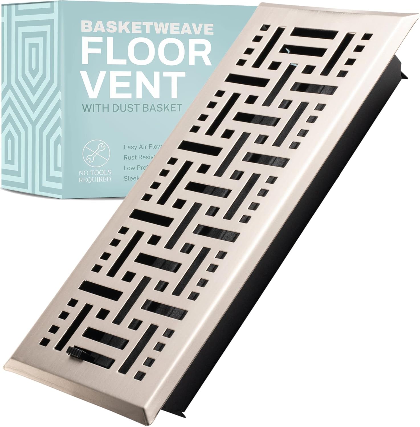 Registers, Grilles & Vents - Home Intuition Basketweave 2x12 Inch Decorative Floor Register Vent with Mesh Cover Trap, Satin Nickel