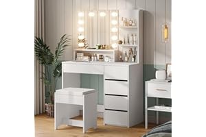 Furniouse 37" W Vanity Desk, Vanity Mirror with Lights and Table Set with 5 Drawers, Vanity Set 3 Lighting Modes Brightness Adjustable for Bedroom Studio