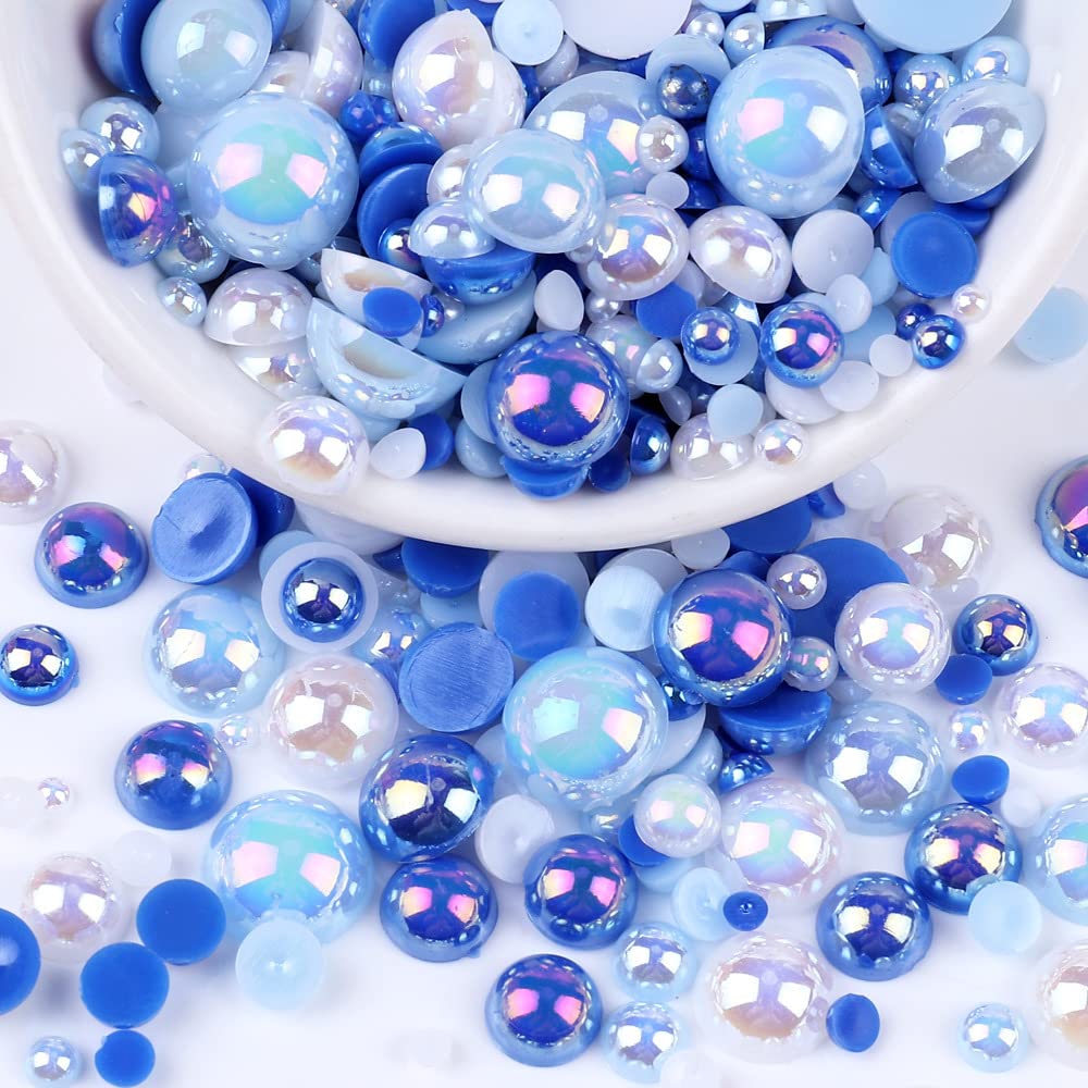 Pack of 150 Flat Back Semicircular Beads, Flat Back Beads, Faux Pearl Loose Beads, Colourful Half Beads, Imitation Pearls, Decorative Beads for DIY Manicure, Jewellery Making, 10 mm, Blue/White