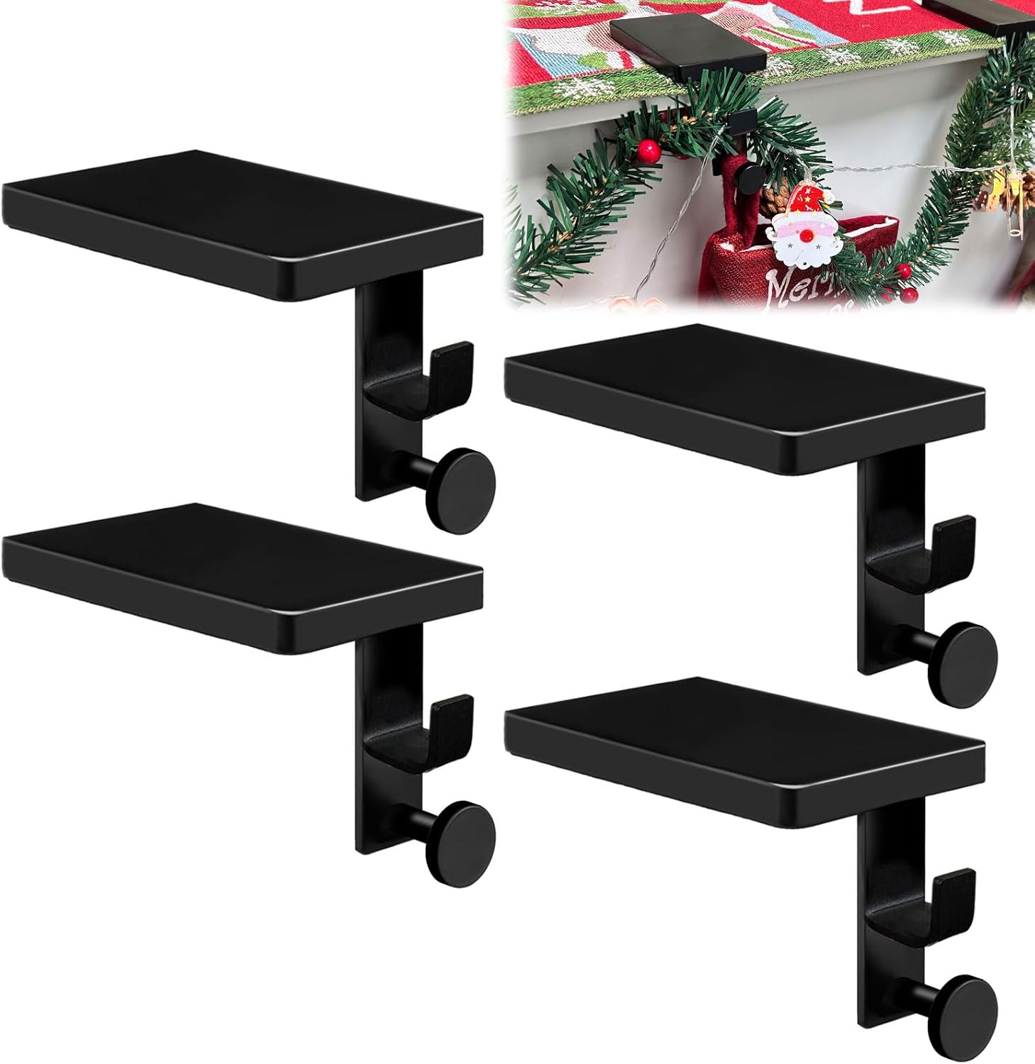 Ornament Hooks - KBOROVER 4 Pcs Christmas Stocking Holders, Mantle Weighted Christmas Stocking Hanging Hooks Stocking Holder with Double Sided Tape -Each Mantle Holder Has Two Hooks for Dual Purpose (Black-4 Pcs)