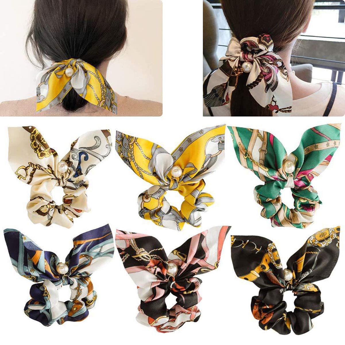 Fodattm 6PCS Chiffon Elastic Rabbit Ear Hair Scrunchies Hair Bands with Imitation Pearl Bowknot Hair Rope Hair Ties Ponytail Holder