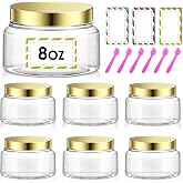 Amorix 6 Pcs Plastic Jars 8 oz Gold Lid Cosmetic Containers for Body Butter | Refillable Clear Empty Travel Jars, For Sugar Scrubs, Cream, Lotions, Candy, Includes Labels, Includes Spatulas