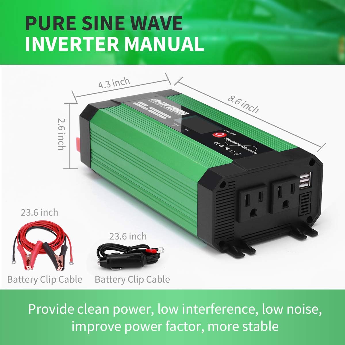 Beleeb 600W Pure Sine Wave Inverter, DC 12V to AC 110V Power Inverter with LCD Display, Dual USB Ports and 2 AC Outlets: Car Electronics