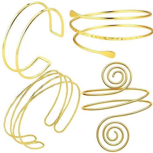 KxrTpx 4 Gold Arm Cuffs, Elegant Geometric Arm Bangle Set, Women's Fashion Jewelry for Parties, Dates, Special Occasions, Upper Arm Bracelet in Shiny Gold Tone, Set of 4