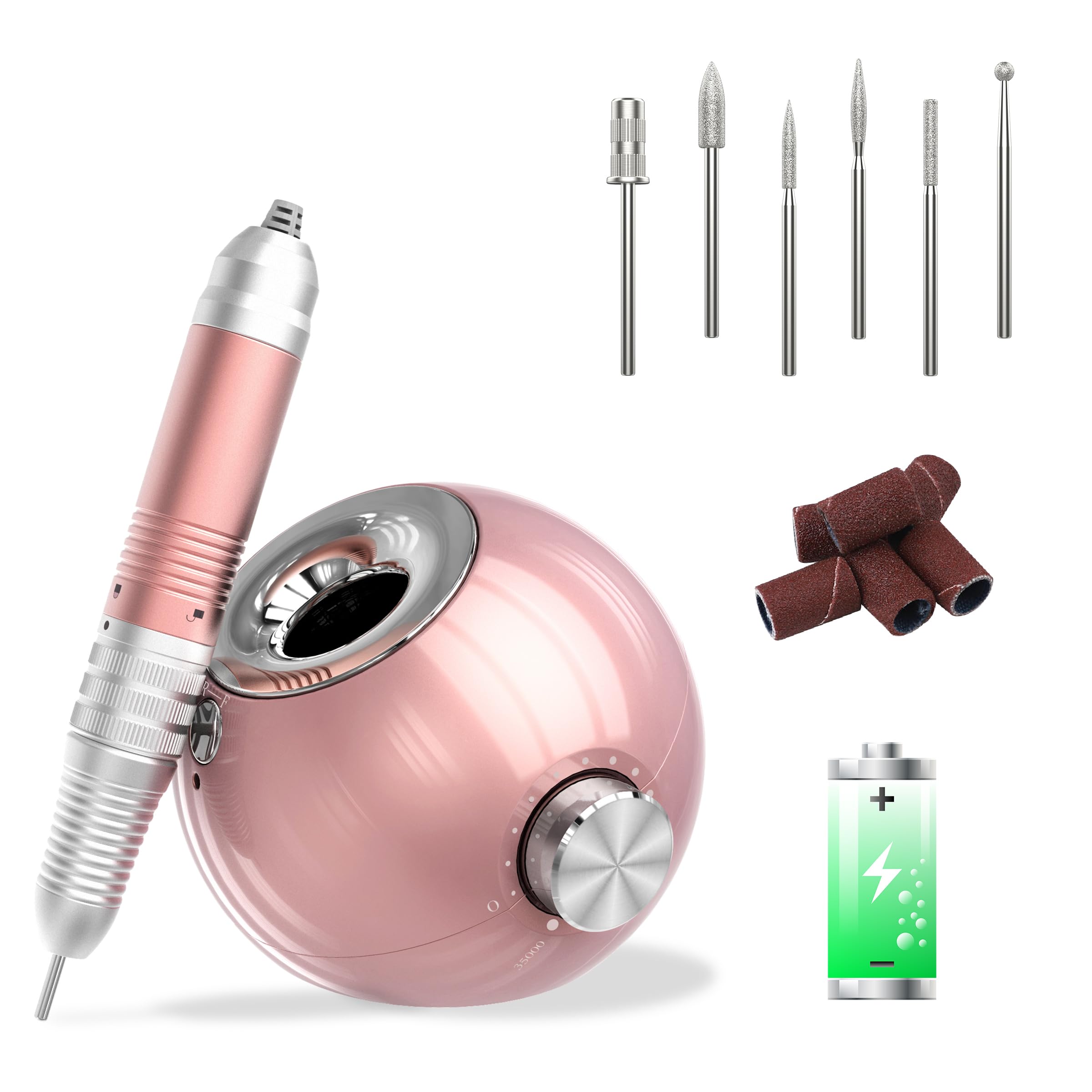 Delanie Nail Drill Rechargeable 35000RPM Professional Electric Nail File Kit Set Unique Design Manicure for Home and Salon Use with Six Sanding Bands and Drill Bits Rose Pink