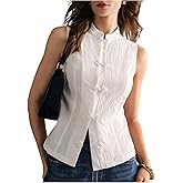 SHENHE Women's Linen Shirt Chinese Frog Button Stand Collar Tank Sleeveless Going Out Tops