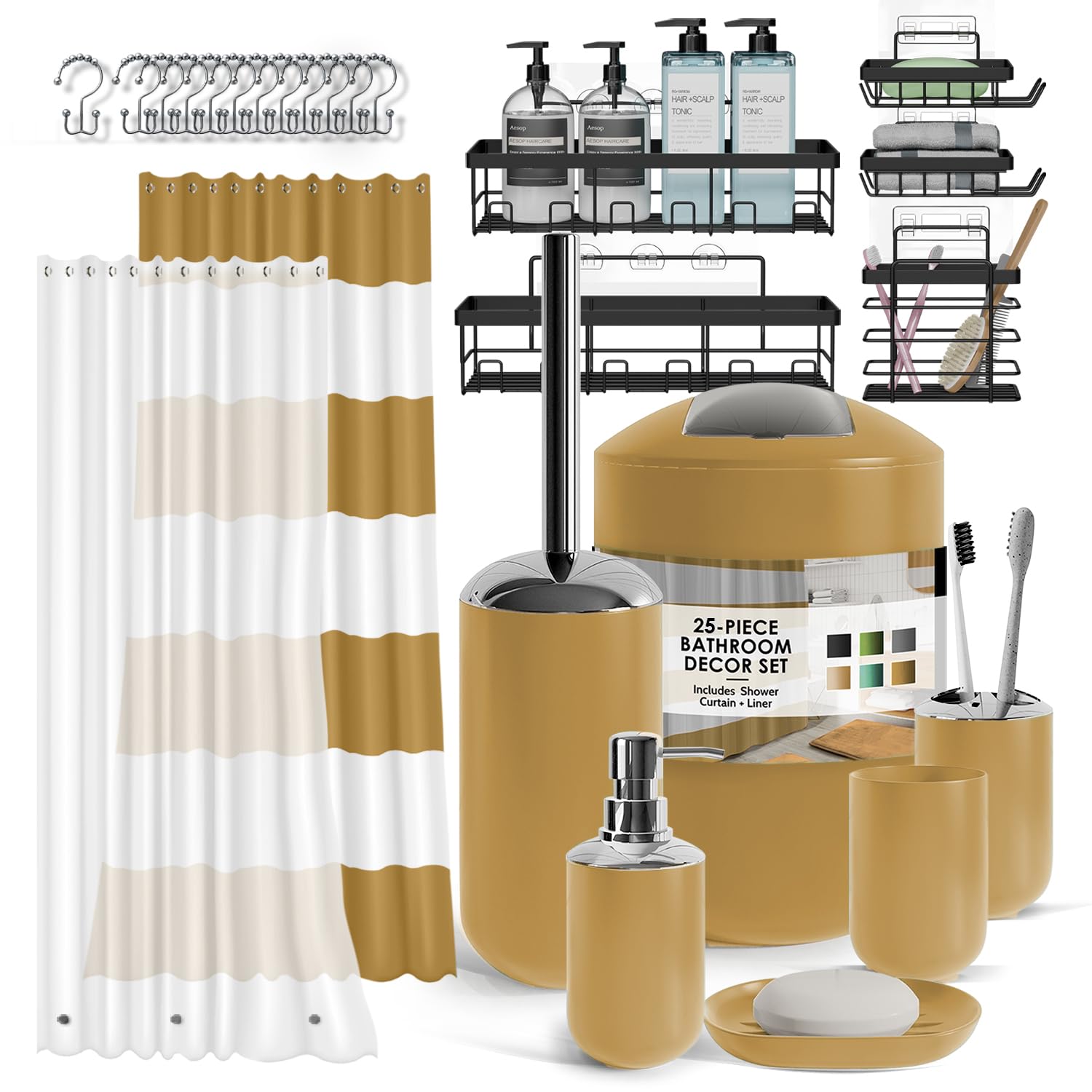 Clara Clark Bathroom Accessories Set - Bathroom Set with Adhesive Corner Shower Caddy Hanging, 25PC Bathroom Accessory Set, Gold Shower Curtain Set, Toilet Brush, Trash Can & Soap Dispenser Image Clara Clark Bathroom Accessories Set - Bathroom Set with Adhesive Corner Shower Caddy Hanging, 25PC Bathroom Accessory Set, Gold Shower Curtain Set, Toilet Brush, Trash Can & Soap Dispenser Image
