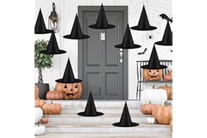 CESOF 12 PCS Halloween Decorations Witch Hat Costume Accessory, Thickened Hanging Black Wizard Hats Bulk for Women Kids with Rope Floating Porch Indoor Outdoor Hocus Pocus Decor Party Supplies
