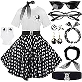 10Pcs Sock Hop Outfits Women, 1950s Poodle Skirts, Poodle T-Shirt with 50s Accessories Socks Scarf Headband Belt Earring