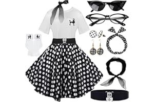 VILLBECOSER 10Pcs Sock Hop Outfits Women, 1950s Poodle Skirts, Poodle T-Shirt with 50s Accessories Socks Scarf Headband Belt Earring