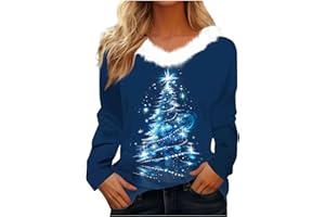 Letfool Womens Christmas Faux Fur Trim V Neck Tops Xmas Tree Graphic Printing Sweatshirt Tunic Tops for 2025 Winter Festive