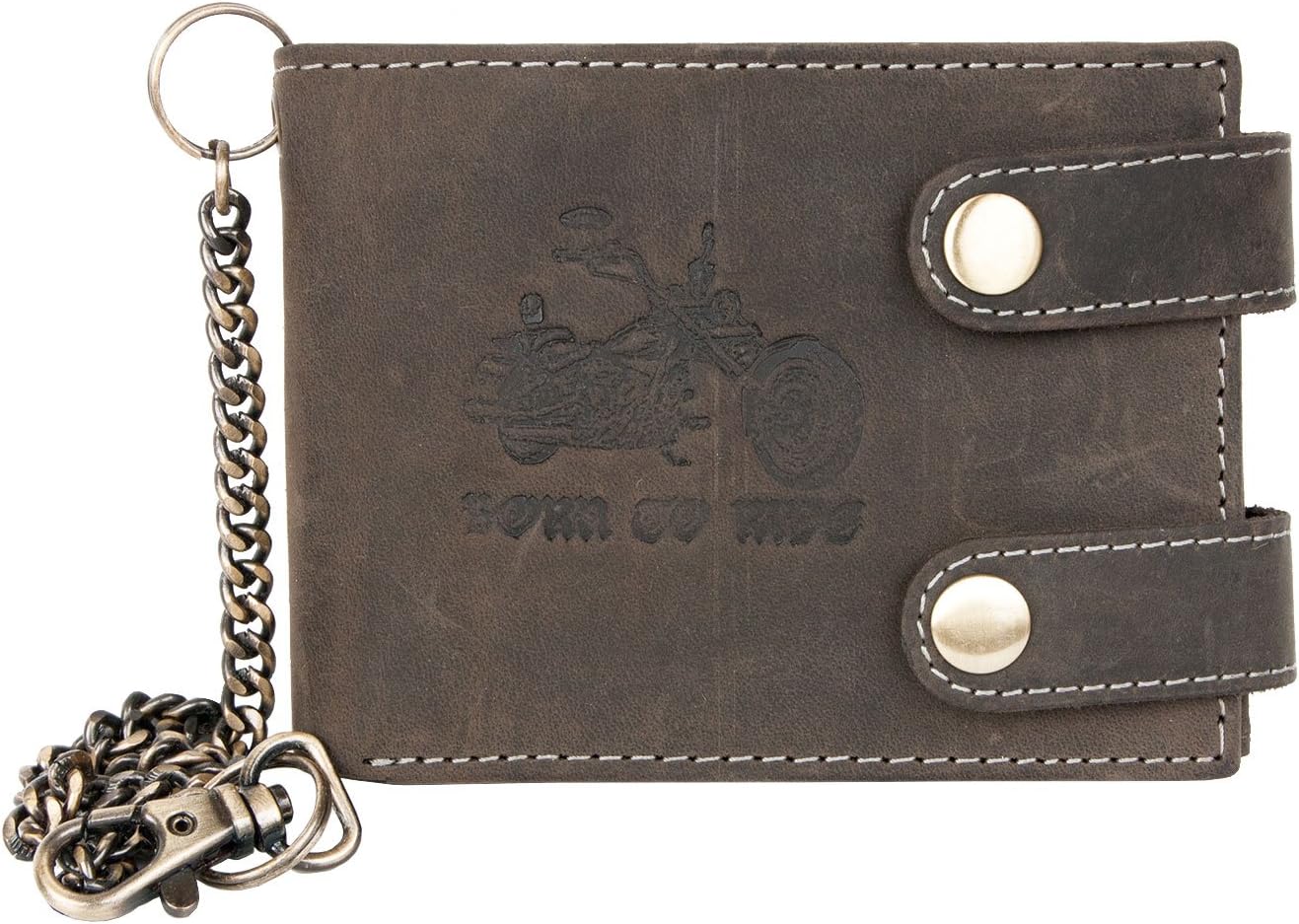 Grey-Brown Genuine Leather Wallet Born to be Ride with Two Buckles and a Chain