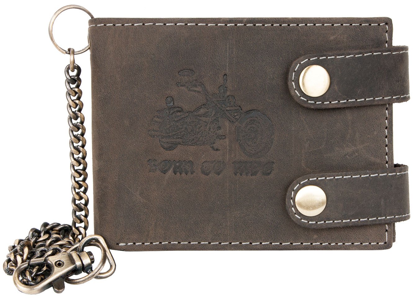 Grey-Brown Genuine Leather Wallet Born to be Ride with Two Buckles and a Chain