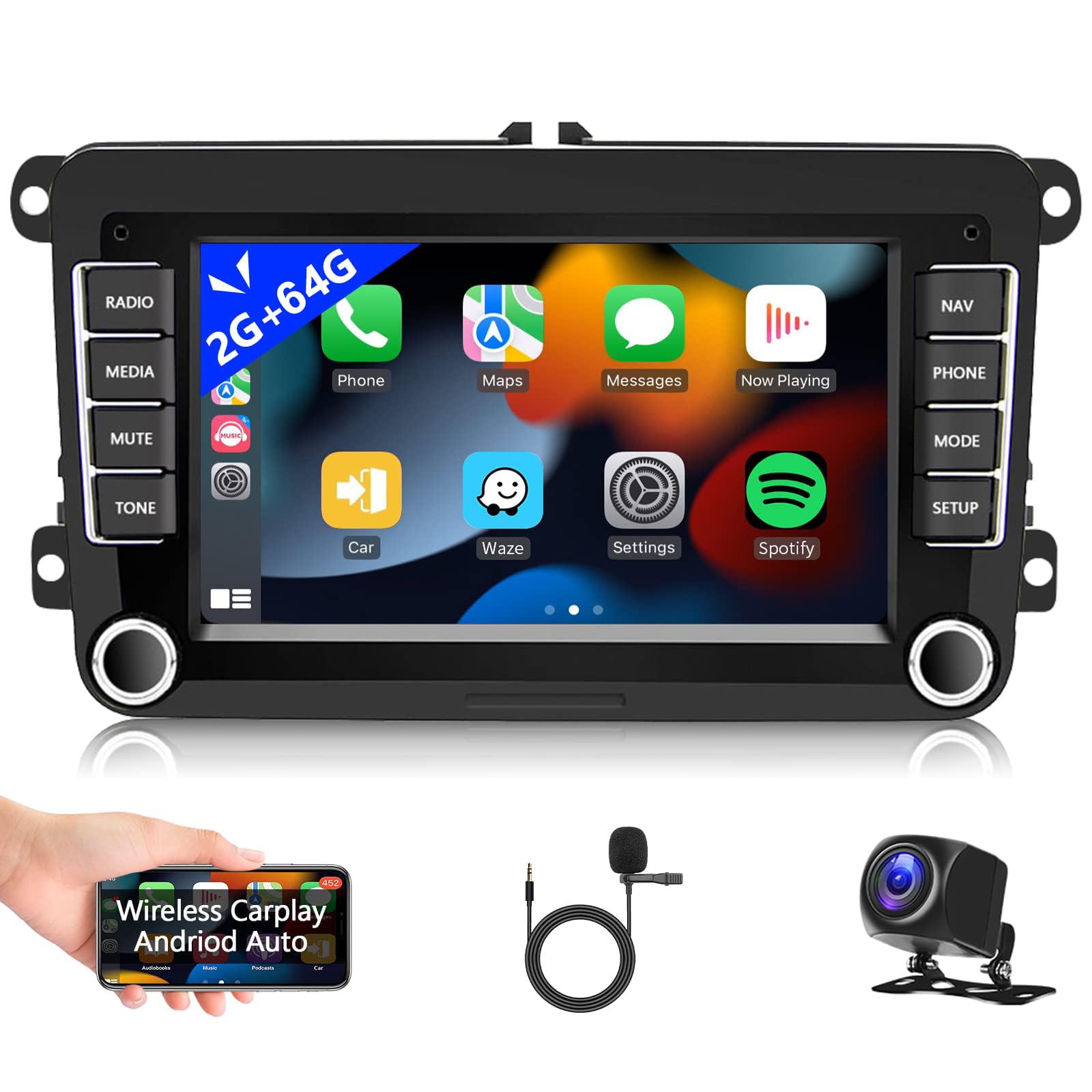 Photo 1 of 2+64G Android Car Stereo with Wireless Carplay/Android Auto for VW Jetta Seat Passat Tiguan CC Golf Skoda 7 Inch Touchscreen Headunit GPS WiFi Bluetooth FM with Backup Camera for Volkswagen