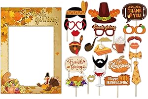 SWYOUN Friendsgiving Party Photo Booth Props Thanksgiving Day Party Supplies Give Thanks Fall Harvest Party Decorations with Turkey Paper Frame (Pack of 24)
