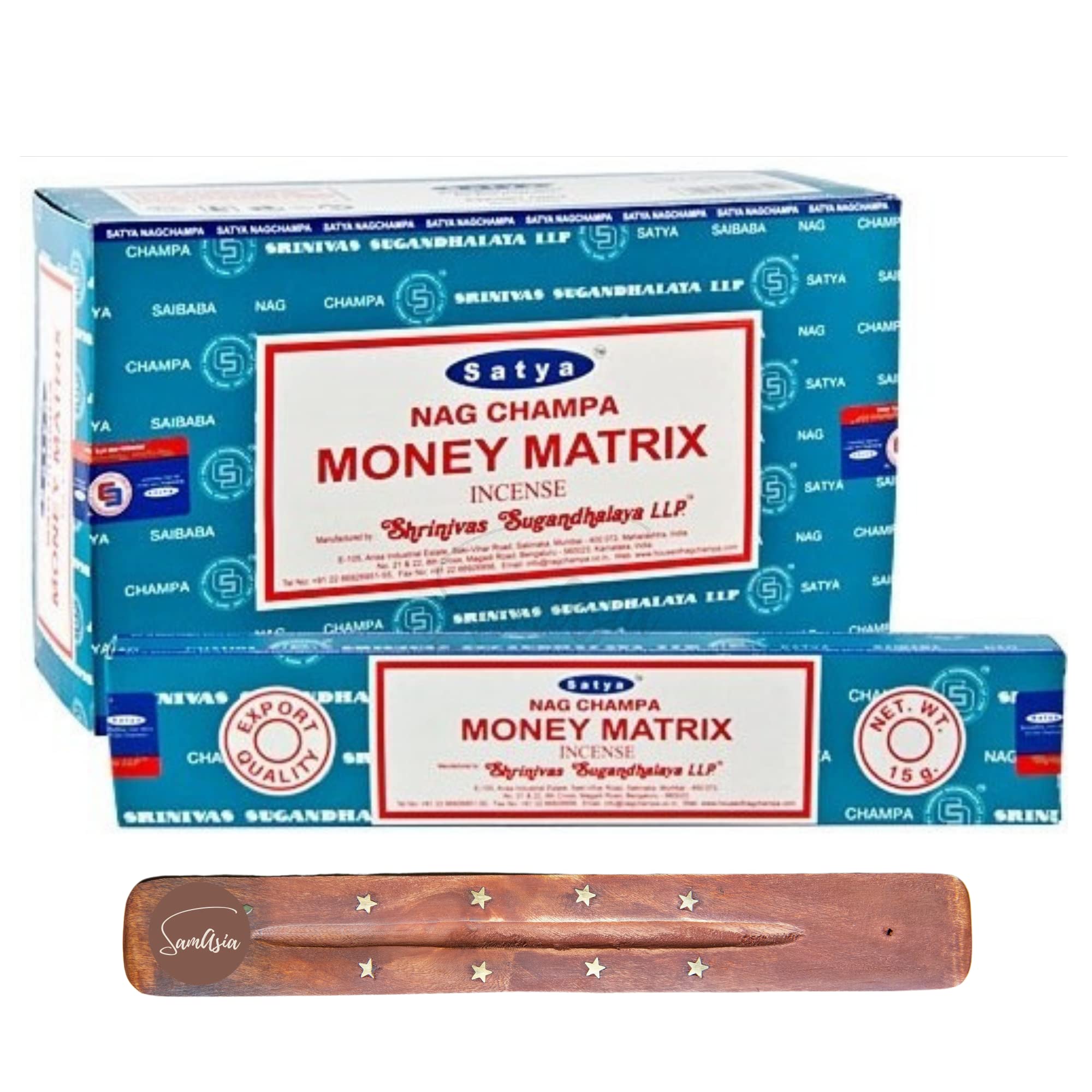 Satya Nag Champa Money Matrix Incense Sticks | x12 pack | with SAMASIA incense sticks holder | Used for Moomatherapy, Spa, Yoga, Weddings, Meditation, Healing, Positivity and Relaxation