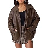 AUTOMET Women's Oversized Faux Leather Jacket - Fall Motorcycle Style Coat with Zipper Closure