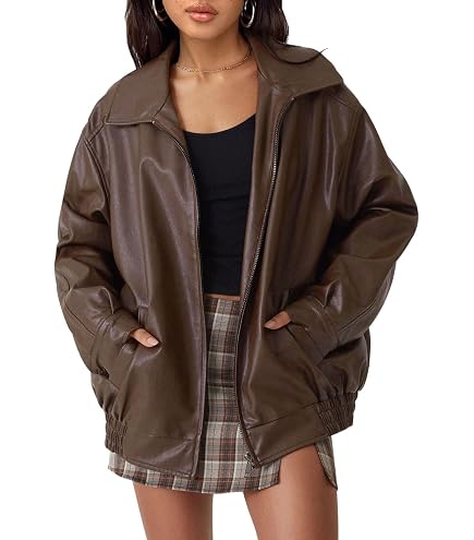 FSVABY Womens Oversized Faux Leather Motocycle Black Jacket Zip Up