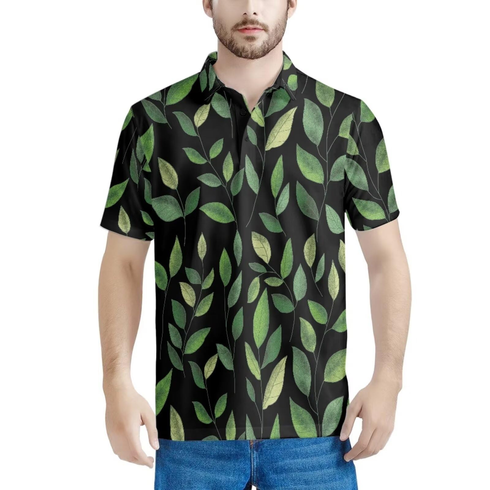 HUGS IDEA Green Leaves Print Button Down T-Shirt