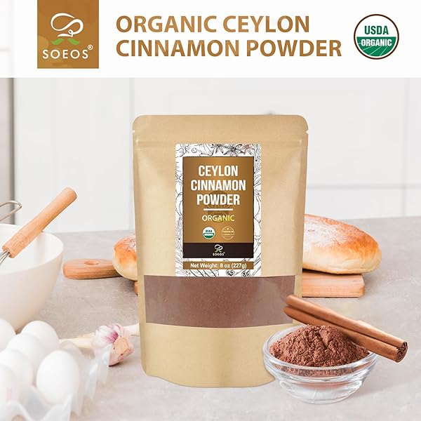 SOEOS ORGANIC CEYLON CINNAMON POWDER, 8OZ (PACK OF 1), PREMIUM GROUND CINNAMON, NON-GMO, GLUTEN-FREE, FRESHLY PACKED