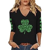 St Patricks Day Shirt Women Glitter 3/4 Sleeve Saint Patricks Day T-Shirt V Neck Lucky Irish Shamrock Graphic Tee Tops