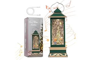 EIGHTOWN 12" Christmas Snow Globe Lantern with Christmas Tree - Water Swirling Glitter LED Light Lantern with Music - Vintage Xmas Gifts - USB Plug or Battery Operated Home Decor (Christmas Tree)