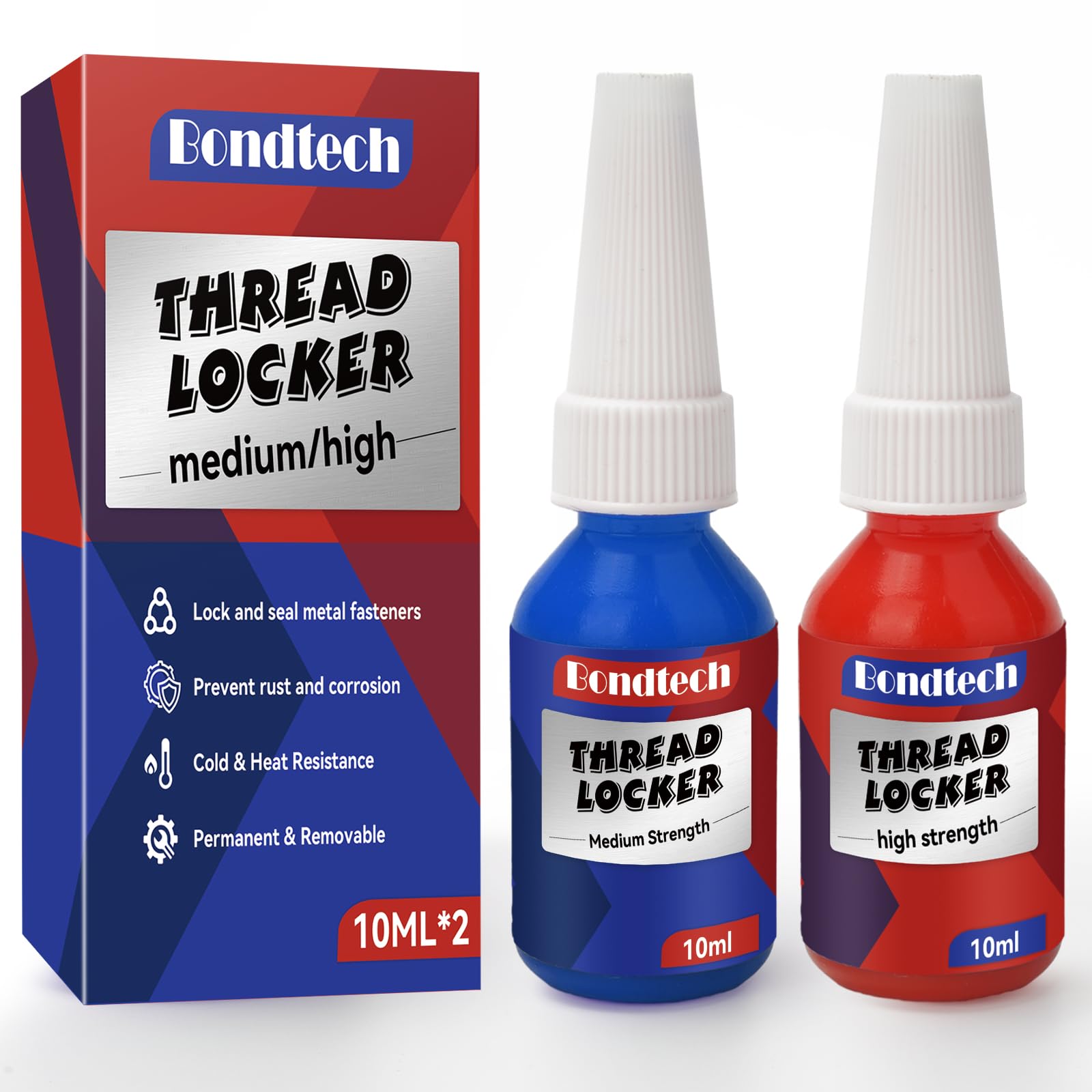 Thread Lock Blue and Red, Threadlocker Medium and High Strength, Gap Filling, Lock & Seal Nuts, Bolts, Fasteners and Metals, Stable and Anti-Rust (UK10ML-B01)