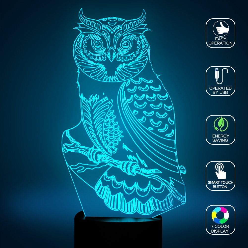 Owl Night Light for Kids, YKLWORLD Owl 3D Illusion Table Lamp, Bed Room Decoration Lamps Touch Switch 7 Color Changing Toys Birthday Gifts for Boys Girls Lover