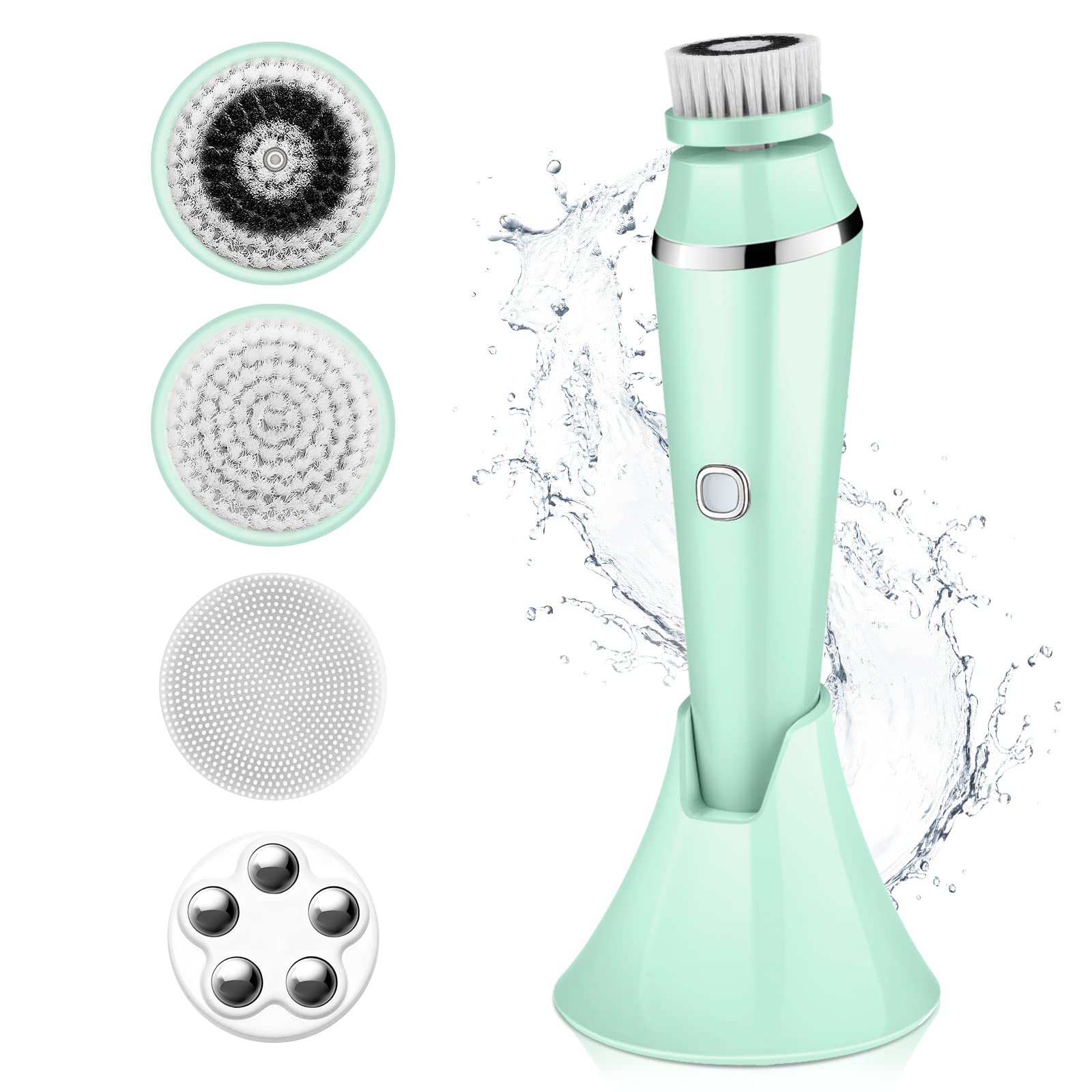 4 in 1 Facial Cleansing Brush - Electric Face Spin Brush with 4 Replacement Heads for Cleaning, Exfoliating, Massaging (Green)