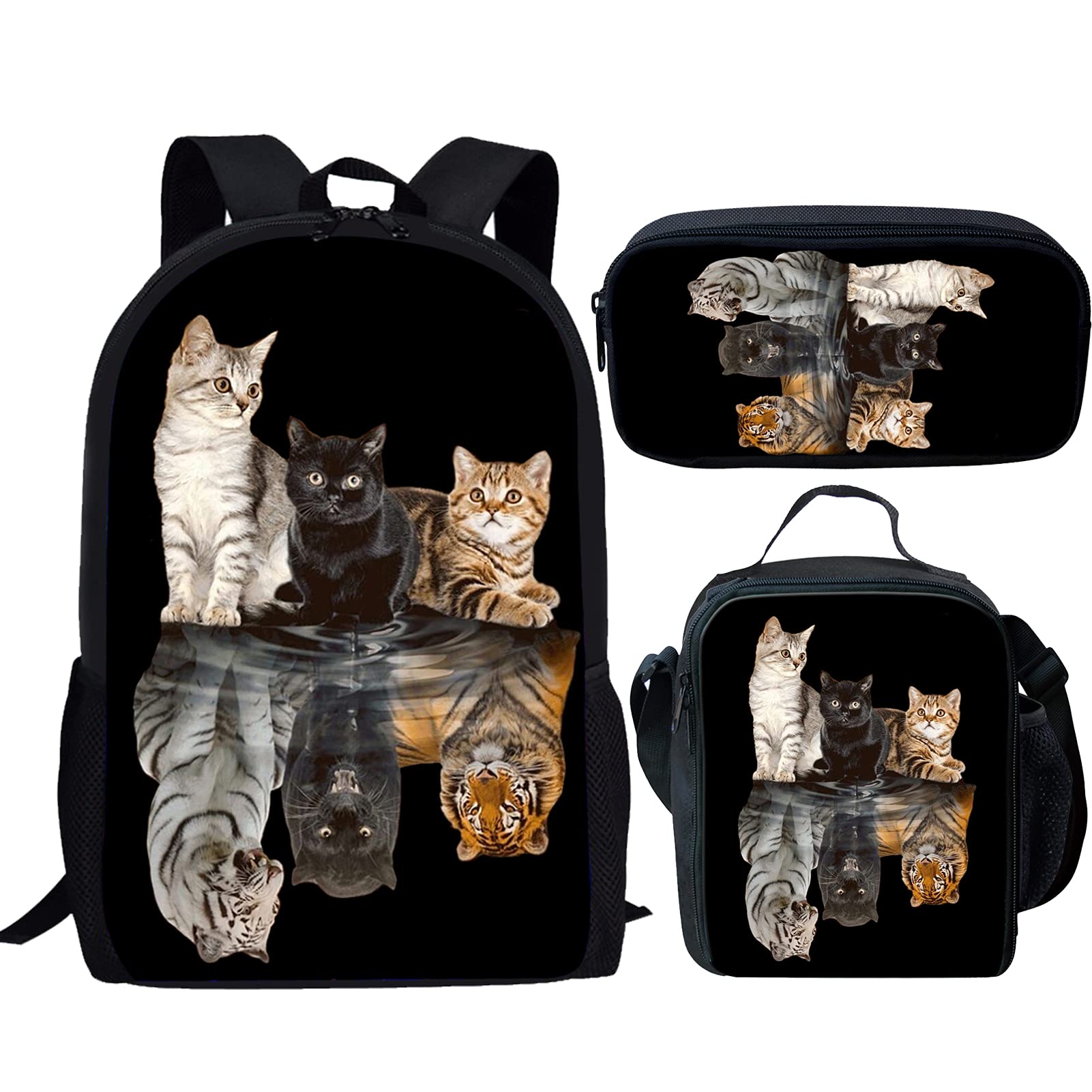 Showudesigns Cat Childrens Backpacks School Bag and Lunch Bag Travel Backbag with Pen Bags Casual Trip Day Bag Kitten Reflect Tiger - 3 Pack Black