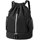 XMYAOWEI Sport Gym Bag Drawstring Backpack Beach Bag for Men Women with Shoe Compartment and Reflective Strips (Black)