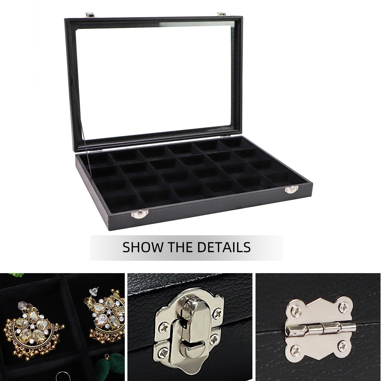 Wudygirl Jewelry Organizer Clear Lid 24 Grid Jewelry Box Case Organizer Showcase Display Jewelry Tray Removable Black Velvet Locked