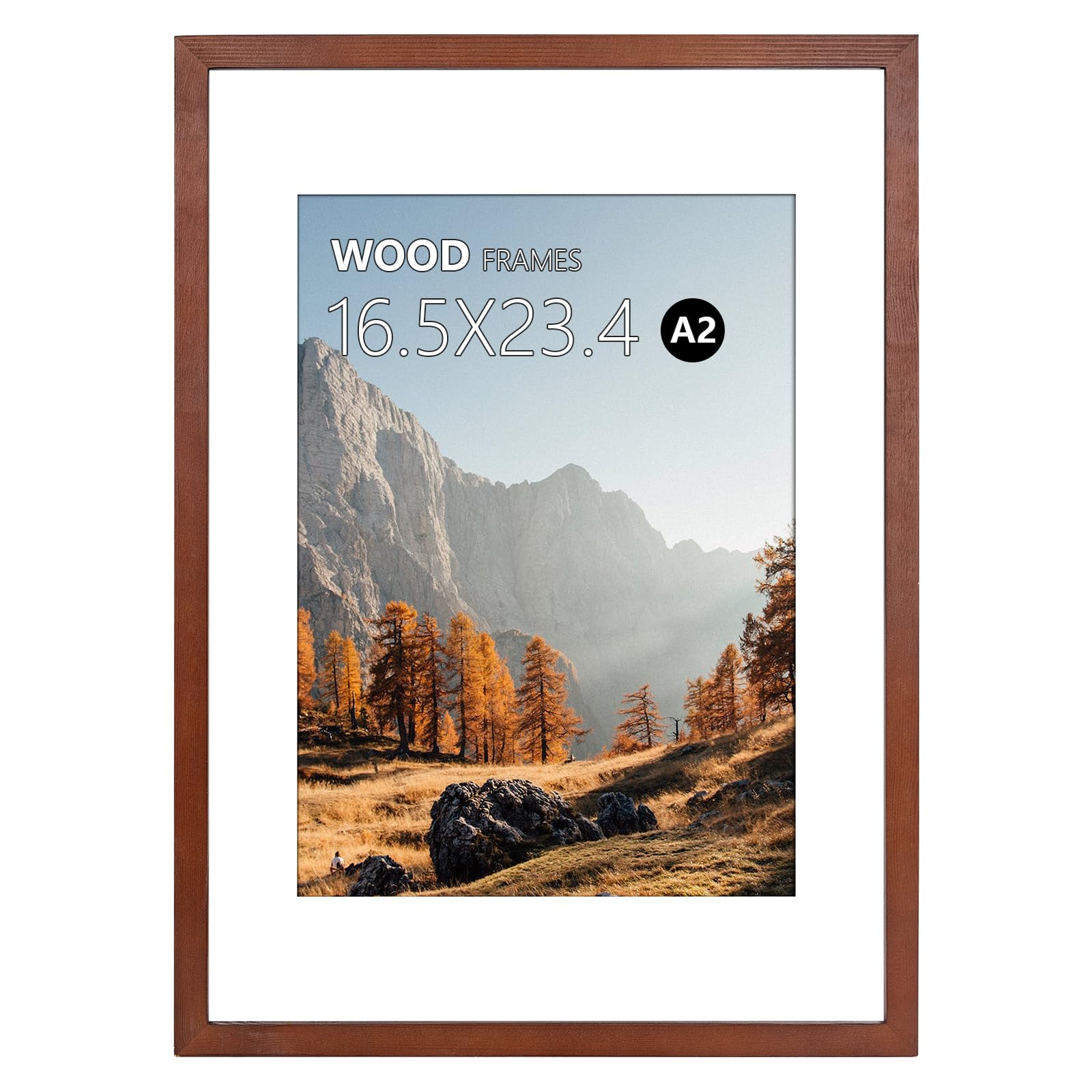 A2 Poster Frame,16.5x23.4in Brown Natural Wood Picture Frames with Polished Acrylic Glass Easy to Hang,Display Picture A2 without Mat or A3 with Mat for Wall Mounting Horizontally and Vertically