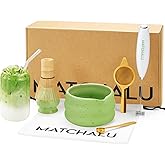 Matcha Whisk Set With Ceramic Matcha Bowl, Bamboo Whisk & Holder, Stainless Steel Spoon & Sifter, Glass Cup & Straw, Electric Frother, Storage Bag - Gift for Matcha Lovers (Premium 9-Piece Set Green)