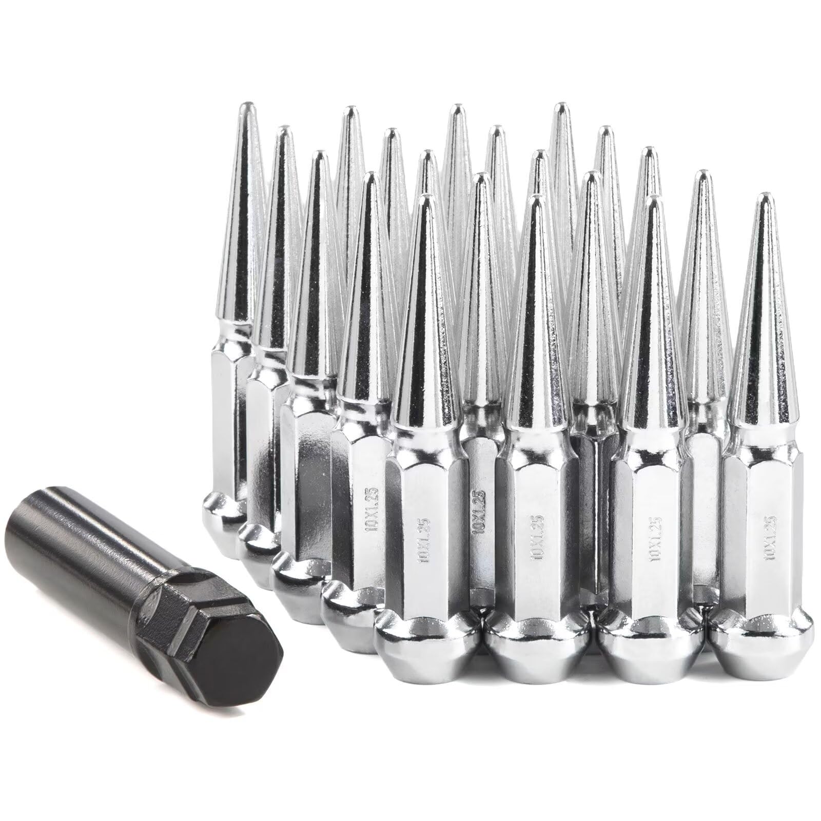 Photo 1 of GAsupply 10x1.25 Spike Lug Nuts 16pcs, Closed End Bulge Acorn Chrome M10x1.25 Spiked Lug Nut, Cone/Conical Seat, 14mm Hex, 3.54" 90mm Tall for Aftermarket Wheel, 1 Long Socket Key