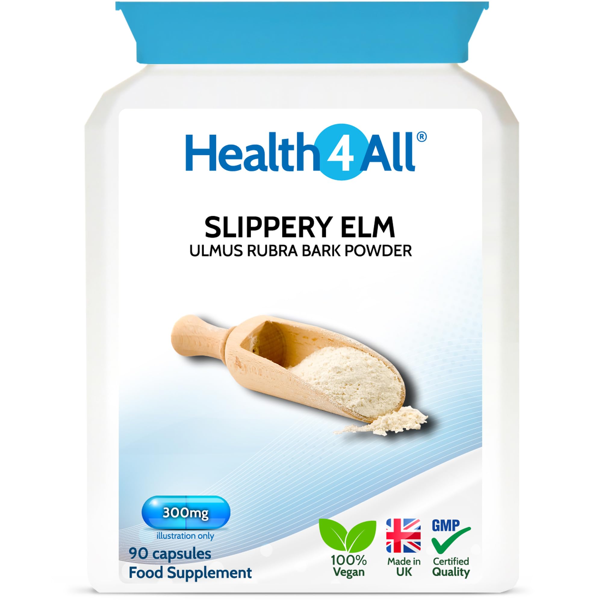 Health4All Slippery Elm 300mg 90 Capsules, Digestive Health & Acid Reflux Support. Vegan Digestive Support Supplement, Ulmus Rubra Inner Bark Powder, Stomach Soothe, Gluten Free | Made in UK
