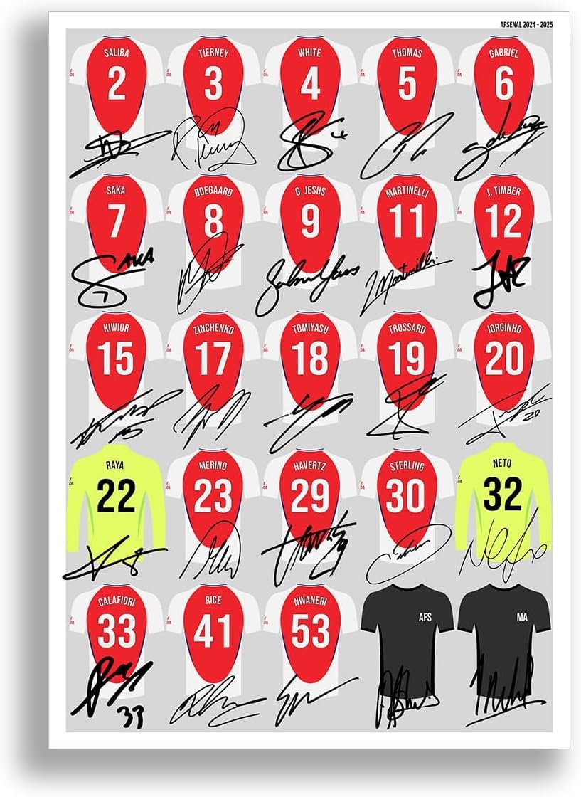 Mounted Gifts Trading Arsenal team squad 2024-2025 Signed poster print framed picture photo autograph gift 24/25 Rice Odegaard Bakayo Saka Martinelli (A4 poster only)