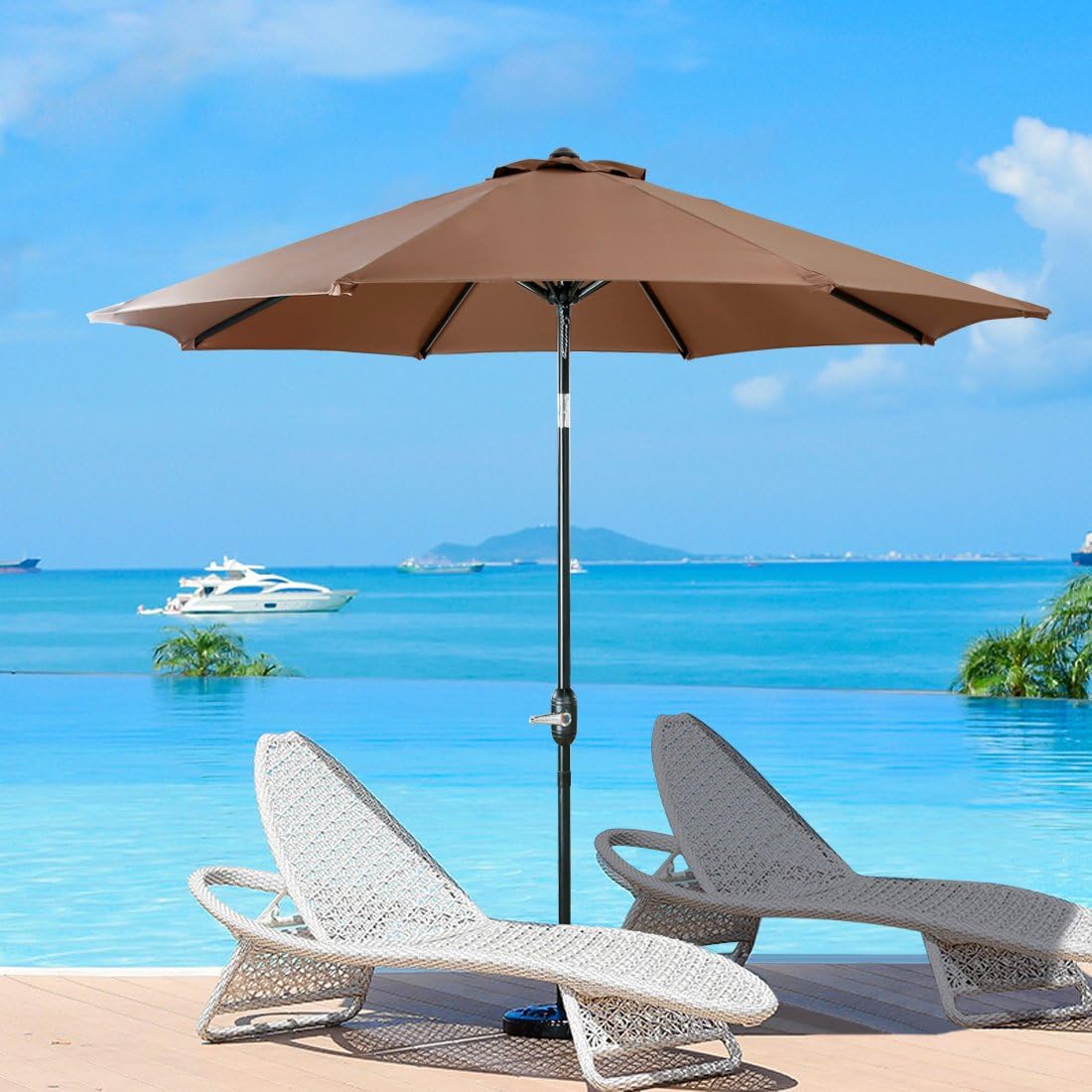 Warm Harbor Aluminum Patio Umbrella With Push Button Tilt And Crank 180 Gsm Fabric 8 Steel Ribs 9 Ft Brown Amazon Co Uk Garden Outdoors