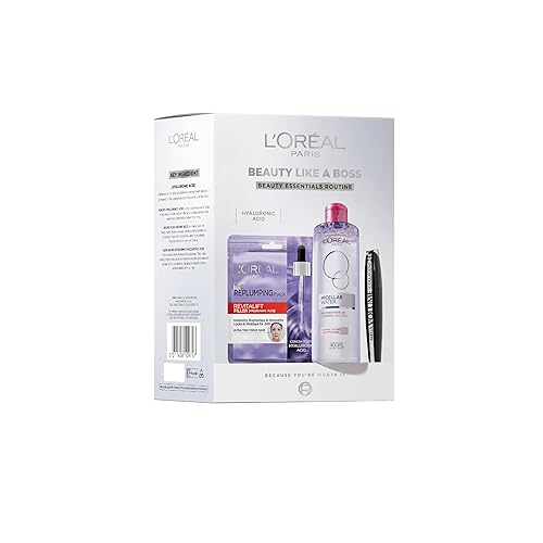 L'Oreal Paris Beauty Like a Boss Giftset, Skincare Routine Powered by Hyaluronic Acid; Micellar Water + Replumping Tissue Mask + Mega Volume 24hour Collagen Mascara, Prep & Glow Everyday